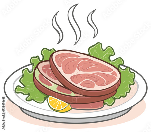 Hot steaming cooked meat steaks served on a plate with fresh lettuce and lemon cartoon illustration
