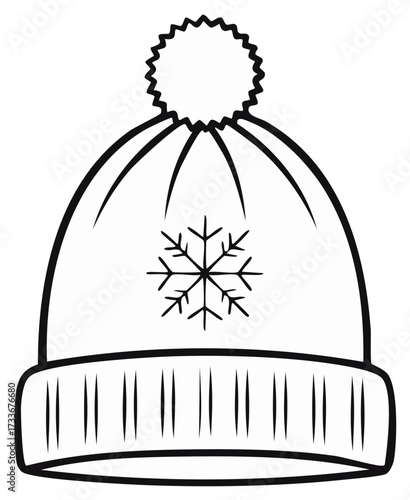 Winter hat with pom pom and snowflake illustration in black and white