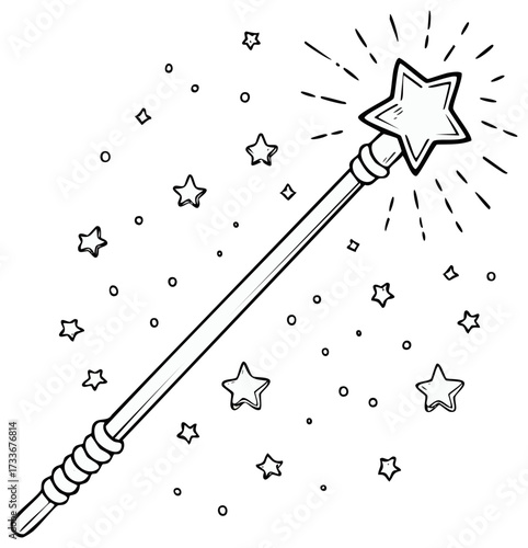 Doodle style Magic Wand with Star and Sparkles surrounded by Stars and Dots creates Whimsical Fantasy Art