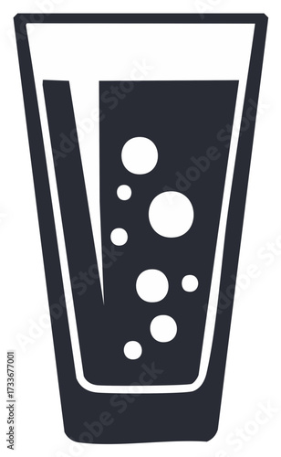 Bold dark glass filled with a bubbly beverage and white circles symbolizing effervescence