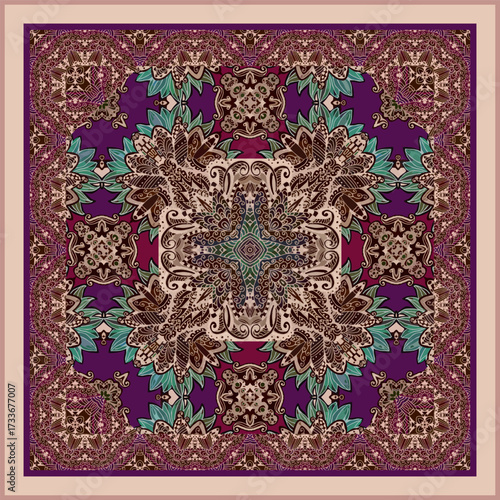 Luxurious pattern for a carpet or shawl with abstract floral pattern and swirls in burgundy, beige, brown, purple and emerald colors. Ethnic motifs.