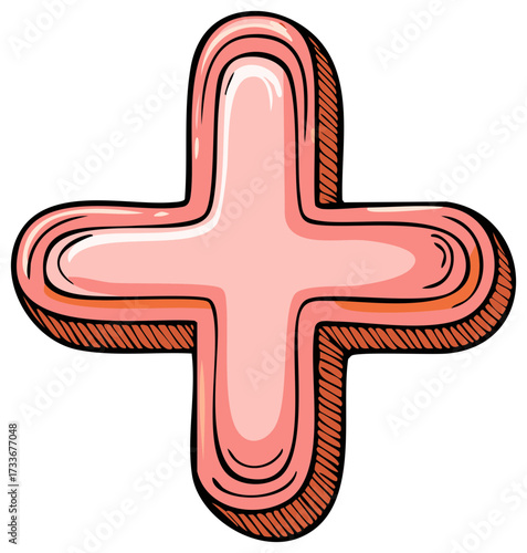 Cartoon style pink plus sign illustration, healthcare, add, positive symbol concept.