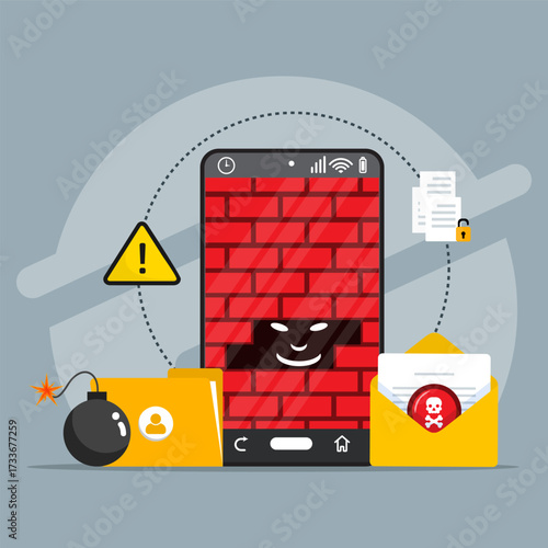 Hackers lurking from within smartphone firewalls. Cyber ​​attack concepts with suspicious email and personal folder dangers. Alert for cybercrime sign and stealing document.