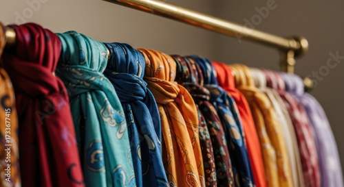 Colorful Scarves Hanging on a Rack