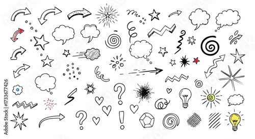 Doodle Elements Collection Arrows, Stars, Speech Bubbles, and Various Hand-Drawn Design Elements