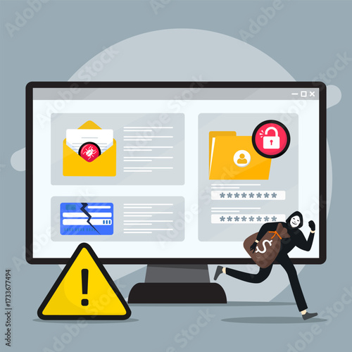 Hacker stealing money bag with credit card broken, suspicious mail and personal data folder unlocked on computer screen. Concept of cybercrime for alert thief financial payment and personal account. 