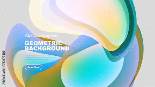 Abstract fluid shapes overlap, creating vibrant colorful background. Text promotes content with read more button. Modern design elements present.
