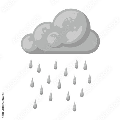 Vector illustration of a dark gray rain cloud with multiple falling raindrops, symbolizing rainy weather, gloomy skies, and precipitation in a cartoon style.