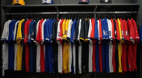 Colorful Sports Jerseys Hanging in a Locker Room