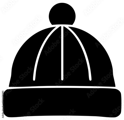 Black silhouette of a winter hat with a pom pom and ribbed cuff for cold weather fashion
