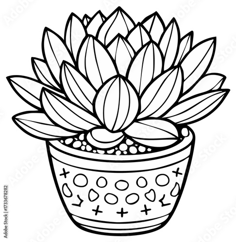 Cute succulent plant in a patterned flower pot black and white coloring page illustration