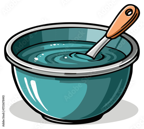 Cartoon illustration of a spoon stirring liquid in a mixing bowl