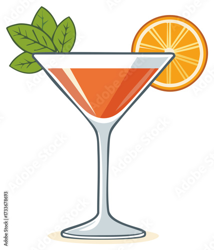 Fresh orange cocktail with mint leaves in a modern martini glass. Refreshing tropical drink concept.