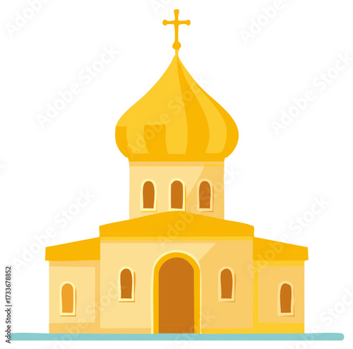 Stylized Orthodox church building with golden onion dome and cross, flat vector illustration