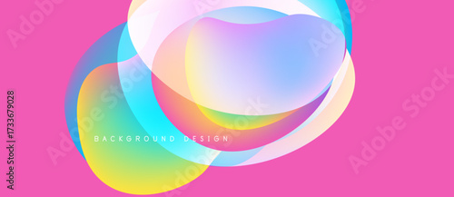 Abstract colorful shapes overlap, creating fluid design. Pink background enhances vibrant gradients, modern aesthetic.