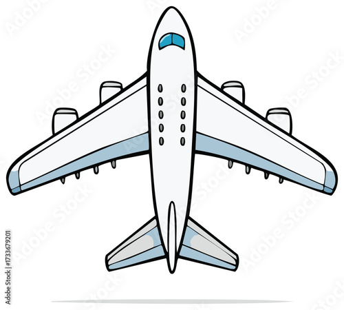 Cartoon airplane overhead view illustration, white with black outline, blue accents
