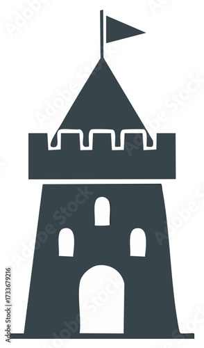Dark gray castle tower illustration with flag, medieval fortress silhouette icon