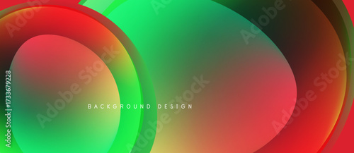 Abstract fluid shapes blend, creating vibrant red, green gradients. Modern design suitable for backgrounds, presentations. Smooth transitions dominate composition.