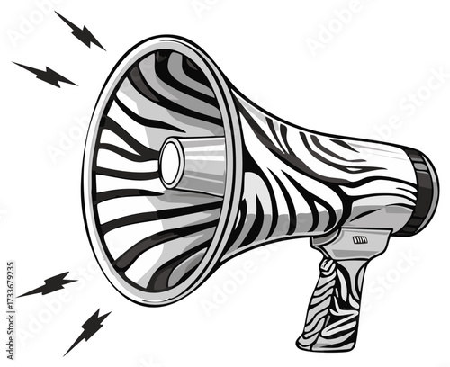 Illustration of a zebra striped megaphone with sound waves for announcement.