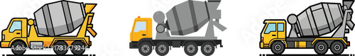 Cement mixer trucks vector graphics set for construction industry