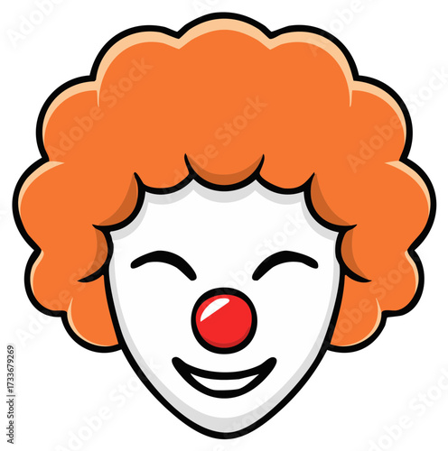 Smiling Clown Face Icon with Orange Curly Hair and a Red Nose Simple Carnival Cartoon