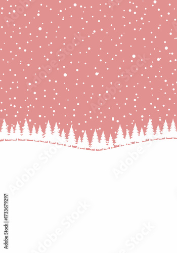 Vibrant pink winter illustration background with falling white snow and stylized evergreen trees, offering generous copy space for seasonal designs and greetings