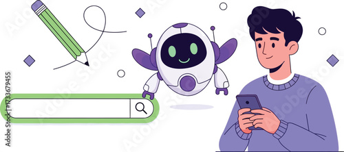 Man using phone with robot assistant isolated on white background
