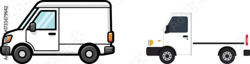 Set of commercial transport vehicles featuring a white delivery van and a small flatbed truck