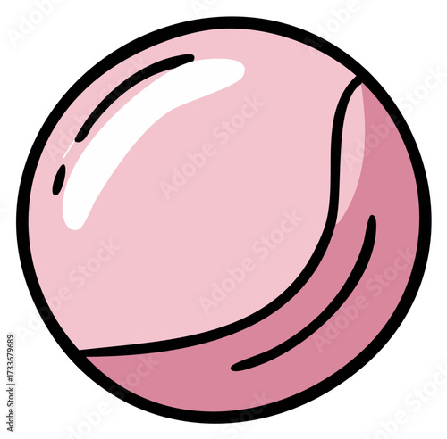 Glossy pink bubble gum or sweet candy sphere with black outline cartoon illustration