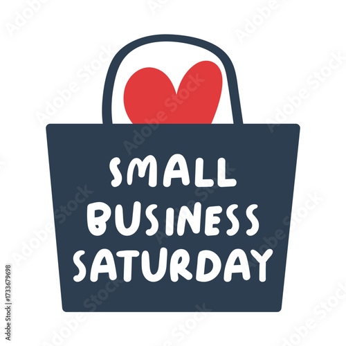 Small Business Saturday Tote Bag. Flat vector illustration of a bag with heart and lettering for promotional design, white background.