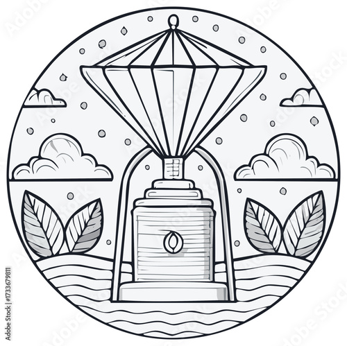 Siphon coffee brewer line art illustration with coffee leaves and steam clouds in a circular emblem