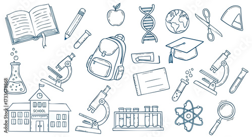 Hand-drawn collection of school and science education icons and symbols on a white background.