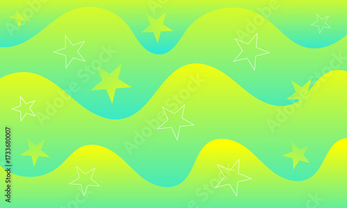 abstract green yellow stripes lines sea wave curves shapes and star shapes on smooth gradient color textured pattern background