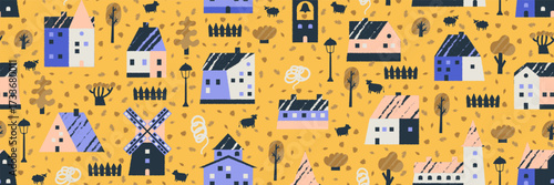 Tiny house seamless pattern with village, farm, and garden elements for an autumn agriculture map with animals.
