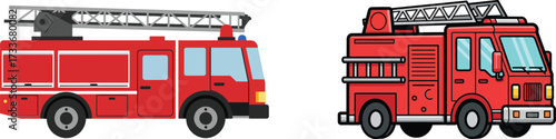 Two brightly colored cartoon fire trucks with ladders and rescue equipment ready for emergency services