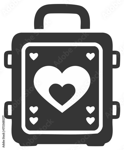 Travel suitcase icon with hearts representing love journey and romantic vacation