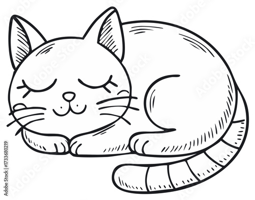 Cute Hand Drawn Line Art Cat Sleeping Comfortably in a Curled Pose