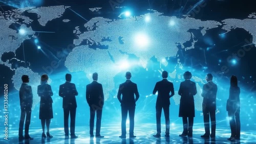 Wallpaper Mural A group of business leaders is gathered to discuss strategies for innovation and growth. They stand silhouetted in front of a digital world map, indicating global connection and collaboration. Torontodigital.ca