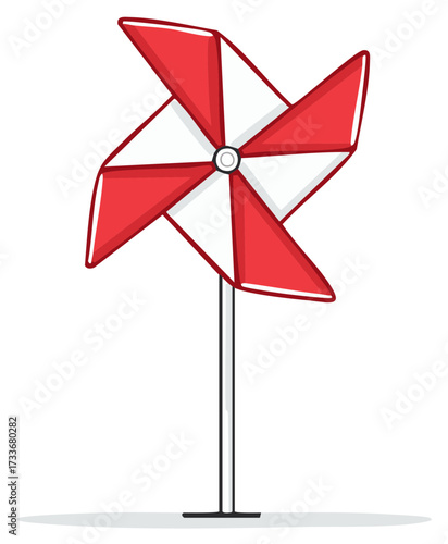 Red and white pinwheel on a stick, childhood toy, summer decoration, wind power symbol, isolated, cartoon