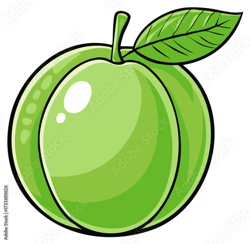 Fresh Green Apple with Stem and Leaf, Organic Fruit Illustration, Simple Design