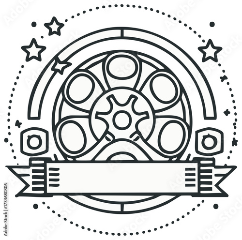 Retro film reel icon with stars and banner, isolated vector outline illustration