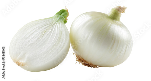 Two whole white onions, one sliced open, displayed