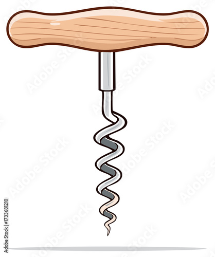 Cartoon illustration of a corkscrew with wooden handle and metal screw