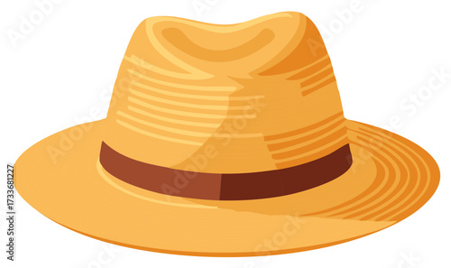 Stylized straw sun hat with brown ribbon for summer vacation apparel and beach fashion