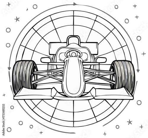 Single seater race car outline illustration with globe behind it and decorative shapes
