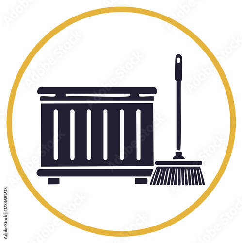 Home Heating Radiator and Broom Silhouette Icon for Housekeeping and Maintenance
