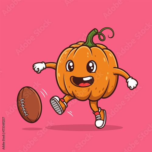 Cheerful pumpkin character with green stem kicking an American football while wearing red sneakers and white gloves on a pink background.