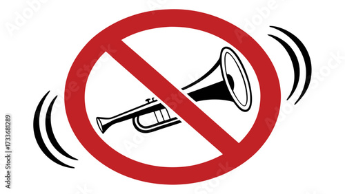 No Honking or Noise Prohibition Sign: Trumpet Icon with Sound Waves Under Red Circle Slash on White Background