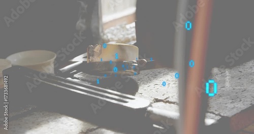 Smoke rising from brass-topped tool head, binary digits materializing then scanning surface fading