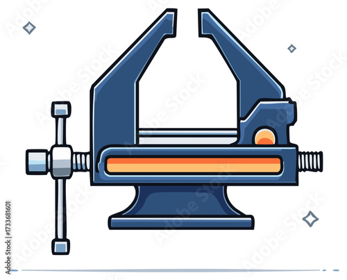 Illustration of a sturdy metal vise, blue and orange mechanics tool